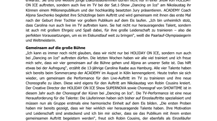 HOLIDAY ON ICE ACADEMY: Nachwuchstalent aus Hamburg tritt gemeinsam mit Olympiasiegerin Aljona Savchenko bei TV-Show „Dancing on Ice“ vor Millionenpublikum auf