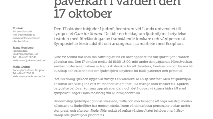 Care for Sound - Focus på ljudmiljöns påverkan i vården den 17 oktober