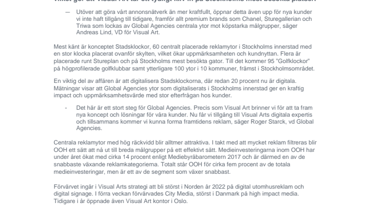 Visual Art ökar närvaron i Stockholm genom förvärv av Global Agencies 