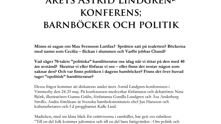 Årets Astrid Lindgren-konferens; barnböcker och politik