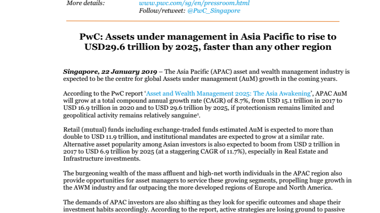 PwC: Assets under management in Asia Pacific to rise to USD29.6 trillion by 2025, faster than any other region