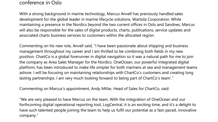 Nor-Shipping: ChartCo appoints new Area Sales Manager