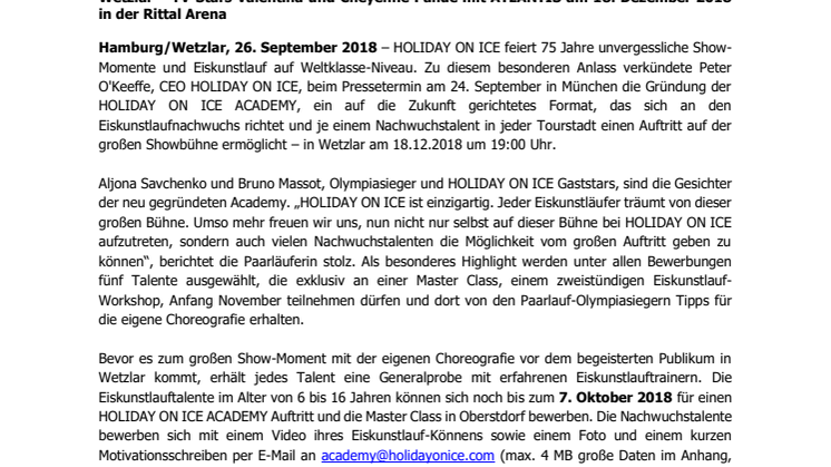 HOLIDAY ON ICE ACADEMY bringt Eiskunstlaufnachwuchs in Wetzlar auf die große Showbühne der Erfolgsproduktion ATLANTIS