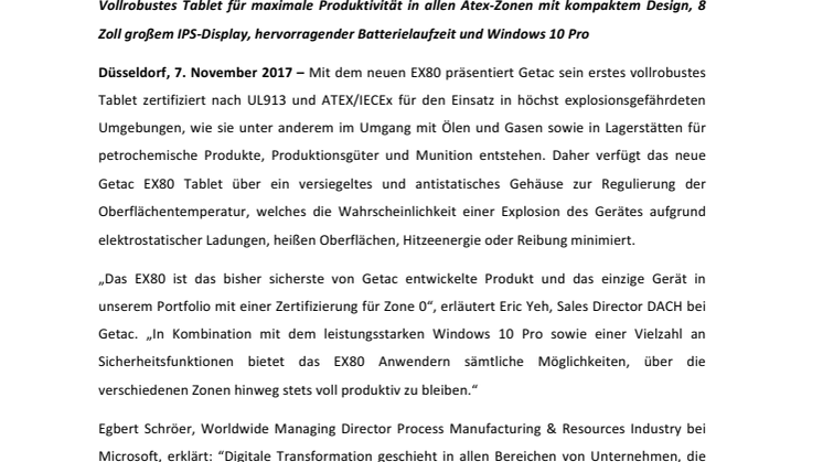 GETAC PRÄSENTIERT EIGENSICHERES VOLLROBUSTES EX80 TABLET FÜR BESONDERS RISIKOREICHE UND EXPLOSIONSGEFÄHRDETE UMGEBUNGEN - ZERTIFIZIERT NACH ZONE 0: ATEX, IECEX UND UL913