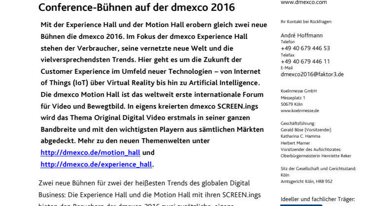 Vorhang auf für Erlebnisse und Video: Zwei neue Conference-Bühnen auf der dmexco 2016