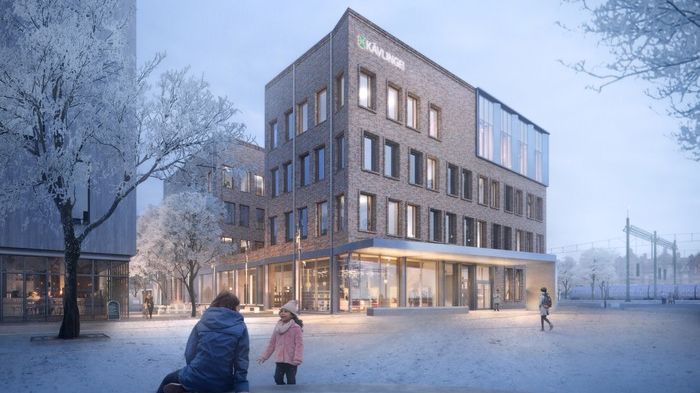 Visionsbild över entrén till medborgarhuset. Illustration: FOJAB