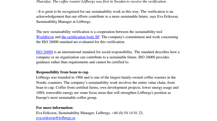 Löfbergs is first with new sustainability verification