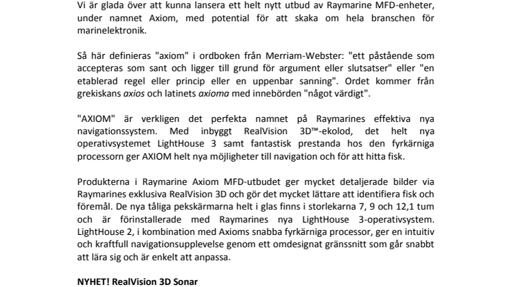 Raymarine: Nu lanseras Axiom™ multifunktionsdisplayer med RealVision 3D™-ekolod och Lighthouse 3