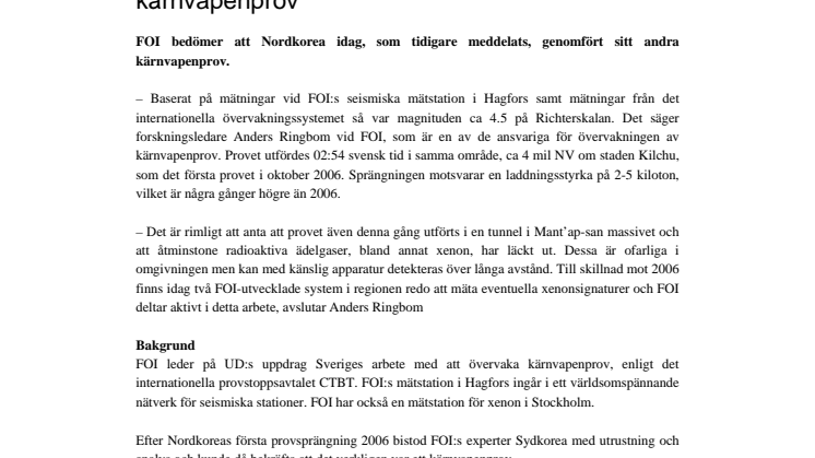 FOI kommenterar Nordkoreas andra kärnvapenprov