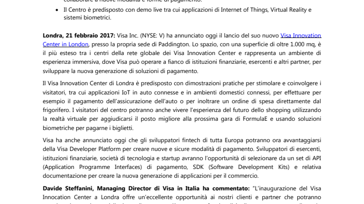 Visa inaugura il suo nuovo Innovation Center a Londra ed estende la propria Visa Developer Platform ai clienti europei