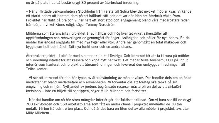 Åttio procent återanvänd inredning – Inget slit och släng när Telia flyttar in i nya lokaler