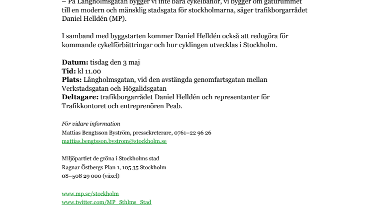​Pressinbjudan byggstart nya cykelbanor på Långholmsgatan den 3/5