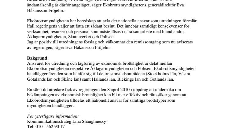 Ekobrottsmyndigheten välkomnar förslag om utvidgat uppdrag