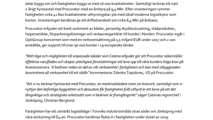 Catena investerar 107 Mkr i Jönköping och tecknar hyresavtal med Procurator