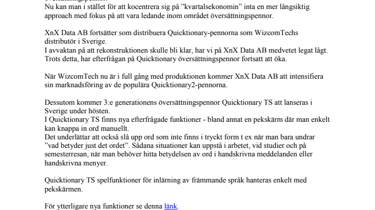 Ny firma WizcomTech LTD tar över Quicktionary översättningspennor
