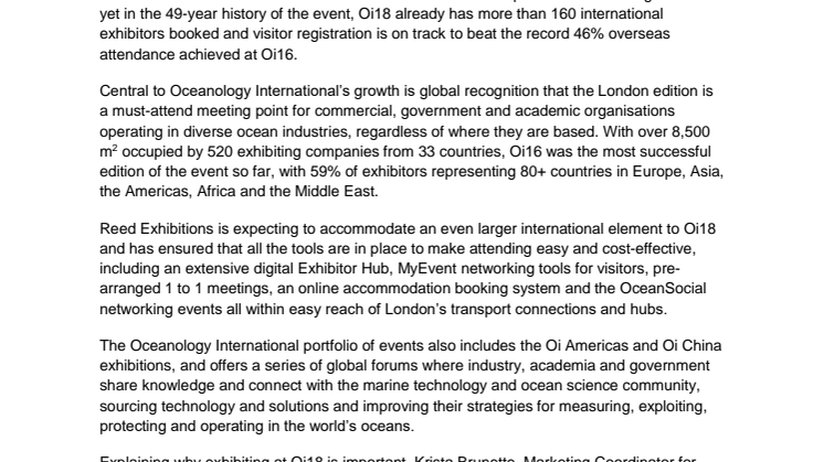 Oceanology International London: International exhibitor and visitor growth expected for Oceanology International 2018