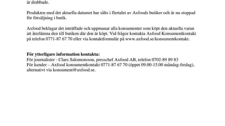 Axfood återkallar Garant Salta chips, 200 g