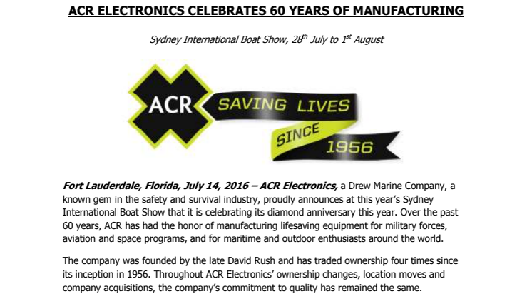 July 2016 - ACR Electronics - Press Release #2: ACR Electronics Celebrates 60 Years of Manufacturing