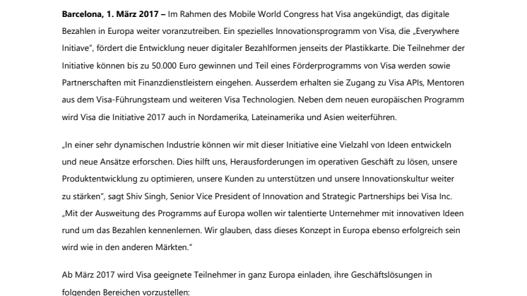 Visa startet „Everywhere Initiative“ für digitales Bezahlen mit Start-up-Wettbewerb in Europa