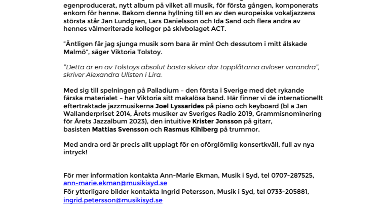 Releaseturné för Viktoria Tolstoys nya album "Stealing moments" – första stopp på Palladium Malmö 19 mars