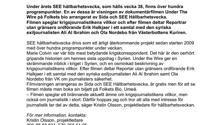 Dokumentärfilm om krigsjournalistikens villkor under SEE hållbarhetsvecka i Västerbotten