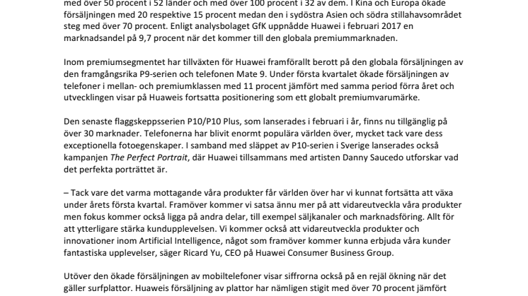 Stark start på 2017 - Huaweis försäljning ökat med 50 procent i 52 länder