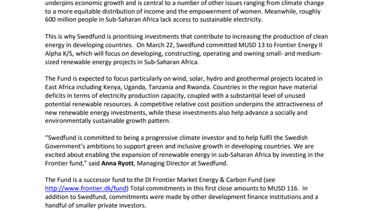 Swedfund continues to focus on renewable energy in Sub-Saharan Africa 