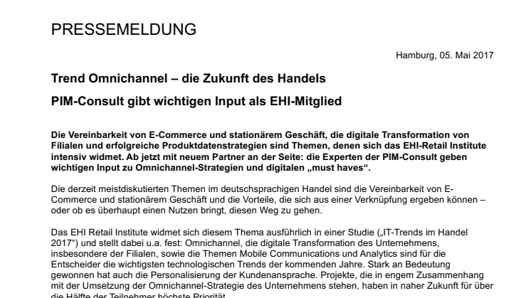 Trend Omnichannel – die Zukunft des Handels: PIM-Consult gibt wichtigen Input als EHI-Mitglied