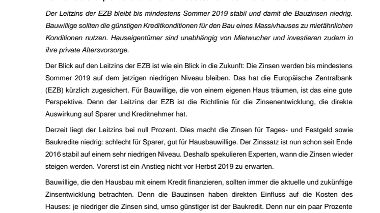 Zinsentwicklung: Baukredite bleiben vorerst auch 2019 günstig