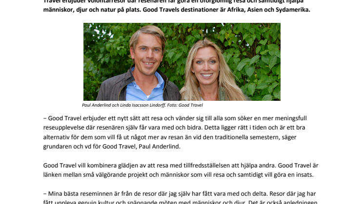 Paul Anderlind och Linda Isacsson Lindorff startar volontärresebyrå