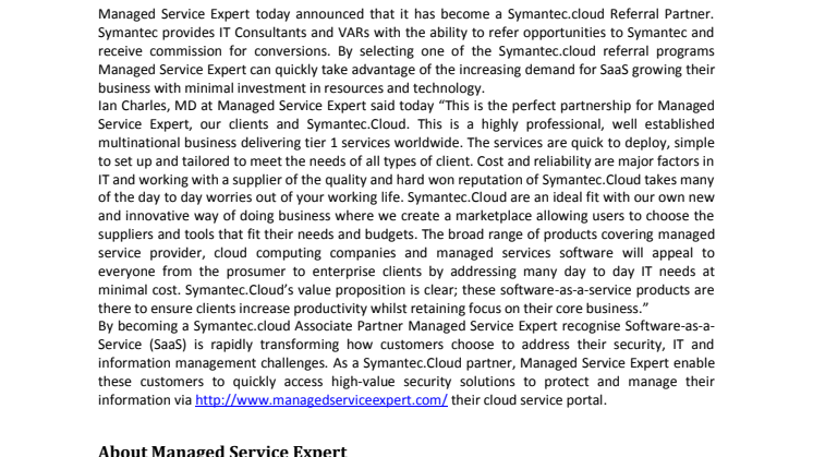 Managed Service Expert announces Symantec.Cloud as a new Partner on The Cloud Service Portal.