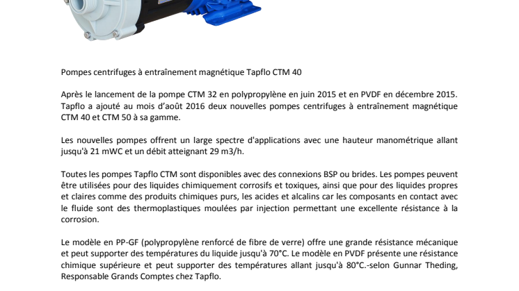 Tapflo propose deux nouvelles pompes centrifuges à entraînement magnétique