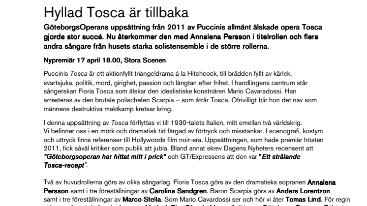 Hyllad Tosca är tillbaka 