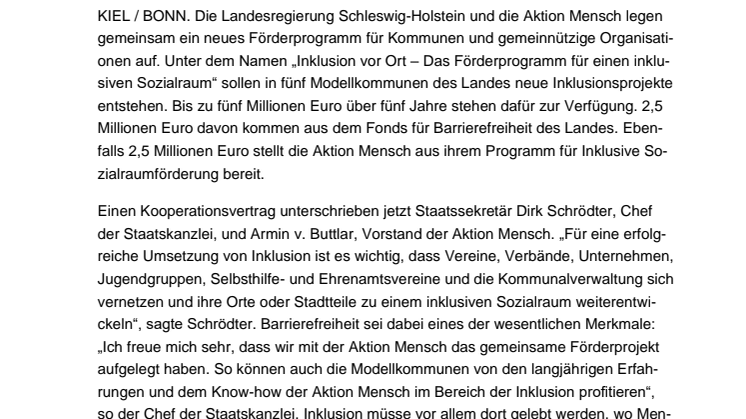 Inklusion vor Ort umsetzen: Landesregierung und Aktion Mensch  kooperieren beim neuen Förderprogramm für inklusive Sozialräume