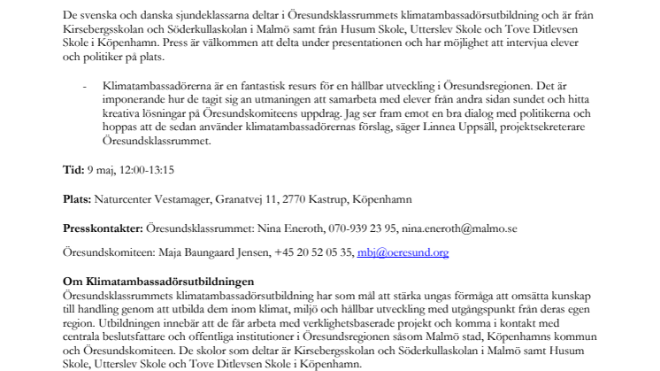 Pressinbjudan - Högstadieelever från Malmö och Köpenhamn presenterar gemensam vision för Öresundsregionen