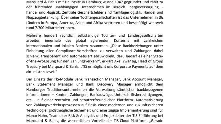 TIS-Cloud-Plattform für Zahlungsverkehr im Einsatz bei Marquard & Bahls
