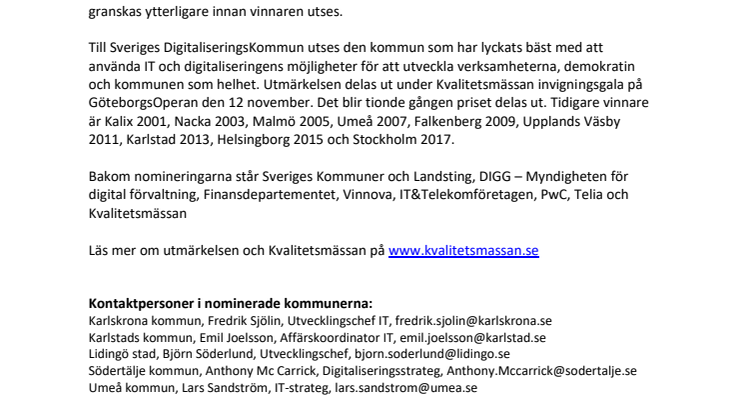 Fem nominerade till Sveriges DigitaliseringsKommun 2019