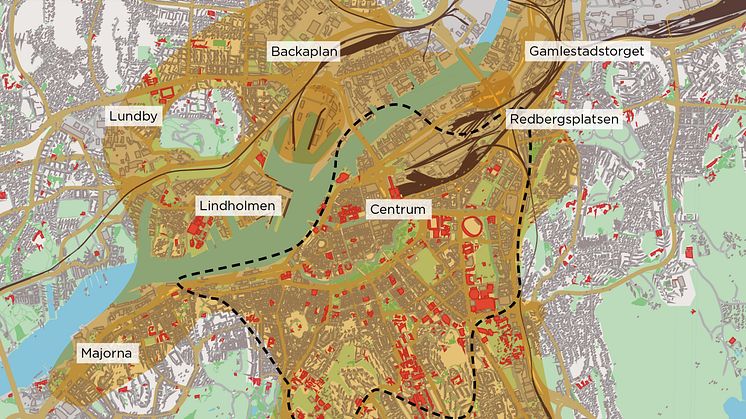 Det gula området på kartan visar var Styr& Ställ-cyklar kommer att finnas från våren 2020.  Dessutom tillkommer de centralare delarna av Mölndal.  Illustration: Trafikkontoret Göteborgs Stad