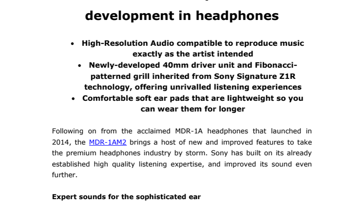 ​Oplev kompromisløs Hi-Res-lyd med MDR-1AM2 – den seneste udvikling inden for hovedtelefoner fra Sony