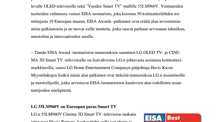 EISAN MUKAAN LG:LLÄ ON EUROOPAN PARAS SMART-TV