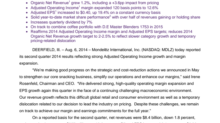 Mondelēz International Reports Q2 Results; Increases Quarterly Dividend