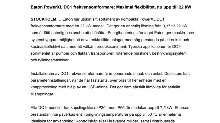 Eaton PowerXL DC1 frekvensomformare: Maximal flexibilitet, nu upp till 22 kW