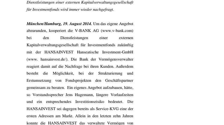 Fondskompetenz aus einer Hand: V-BANK kooperiert mit HANSAINVEST