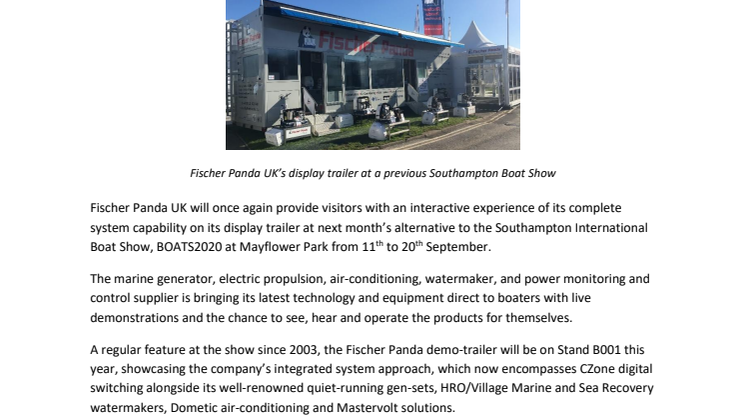Fischer Panda Display Trailer to Showcase Complete System Demonstrations for Visitors at BOATS2020