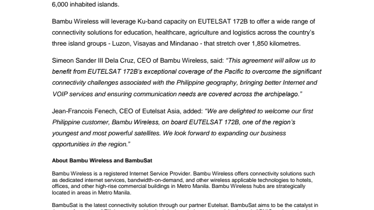 Bambu Wireless selects EUTELSAT 172B to provide connectivity services across the Philippines 