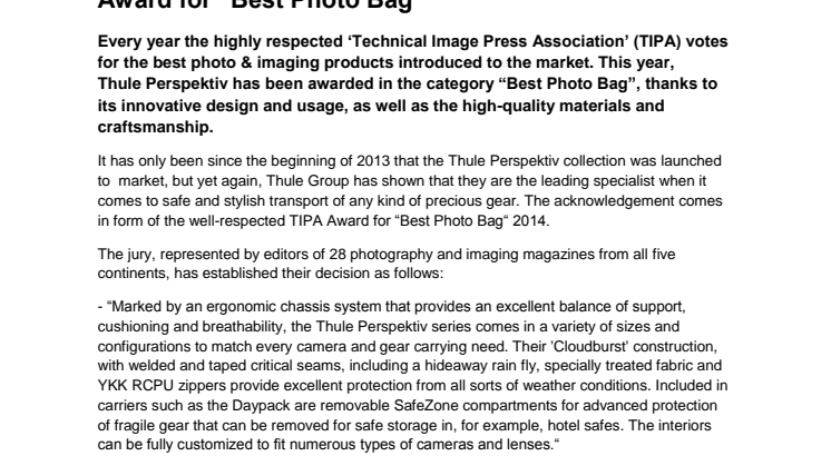 Thule Perspektiv Collection scoops prestigious TIPA Award for “Best Photo Bag”
