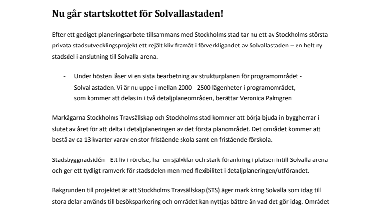 Nu går startskottet för Solvallastaden!