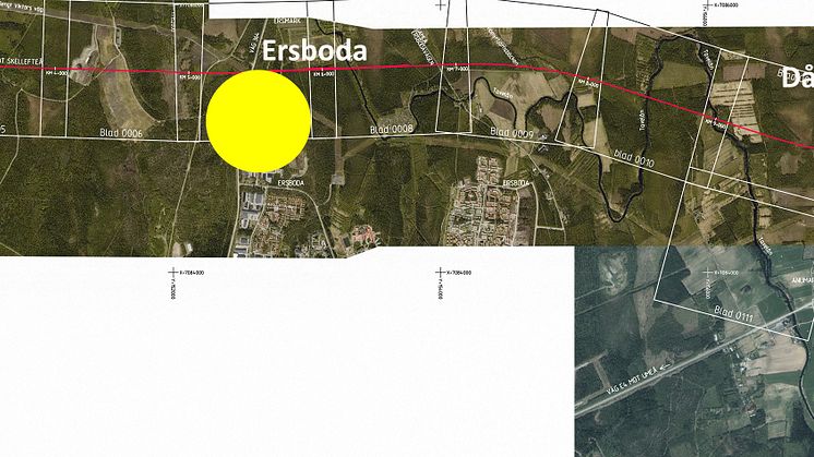 Översiktlig illustration över Järnvägsplanen sträckan Umeå- Dåva (rött streck). Gulmarkerade cirklar: platser där delar av detaljplanerna behöver upphävas. (karta Från Trafikverkets järnvägsplan)