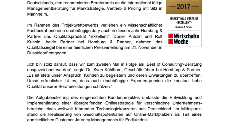 Best of Consulting 2017: Homburg & Partner wiederholt von der WirtschaftsWoche ausgezeichnet 