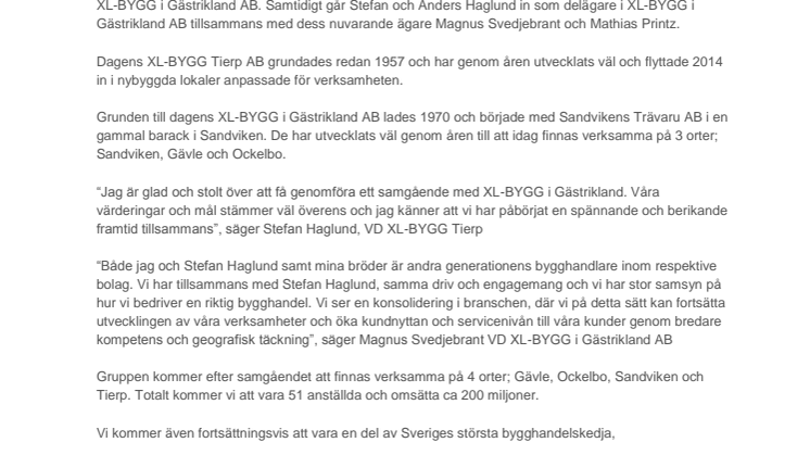 Samgående mellan XL-BYGG i Gästrikland AB & XL-BYGG Tierp AB